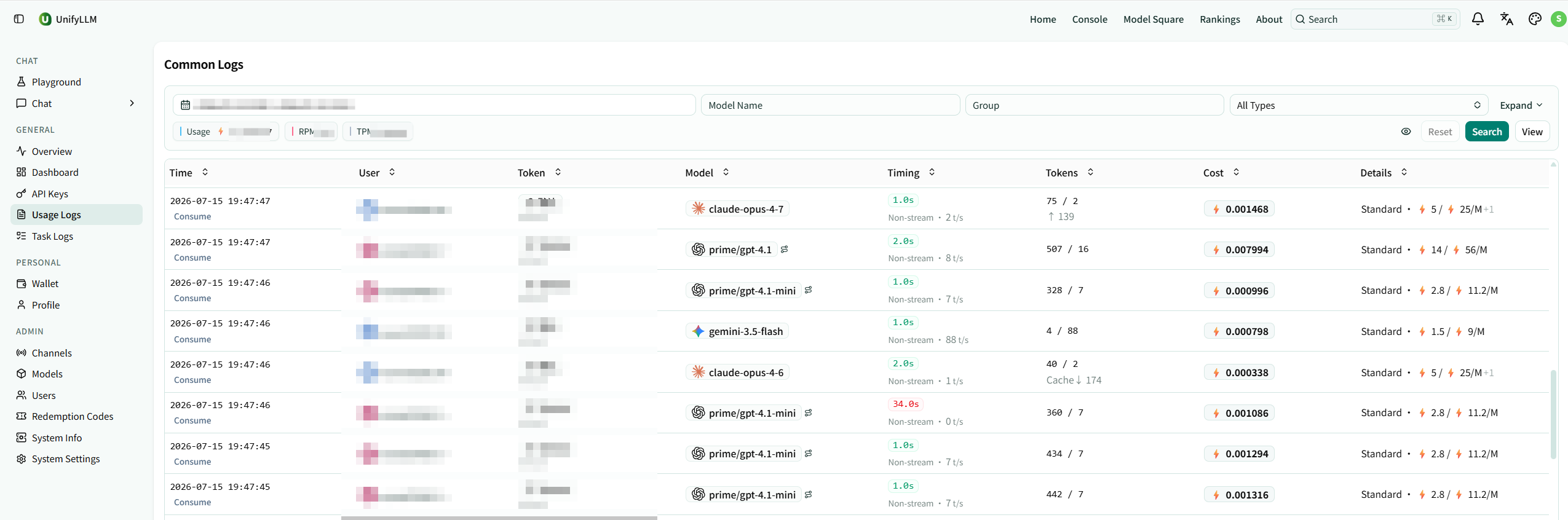 UnifyLLM Usage Logs showing API calls, models, token usage, response time, and cost