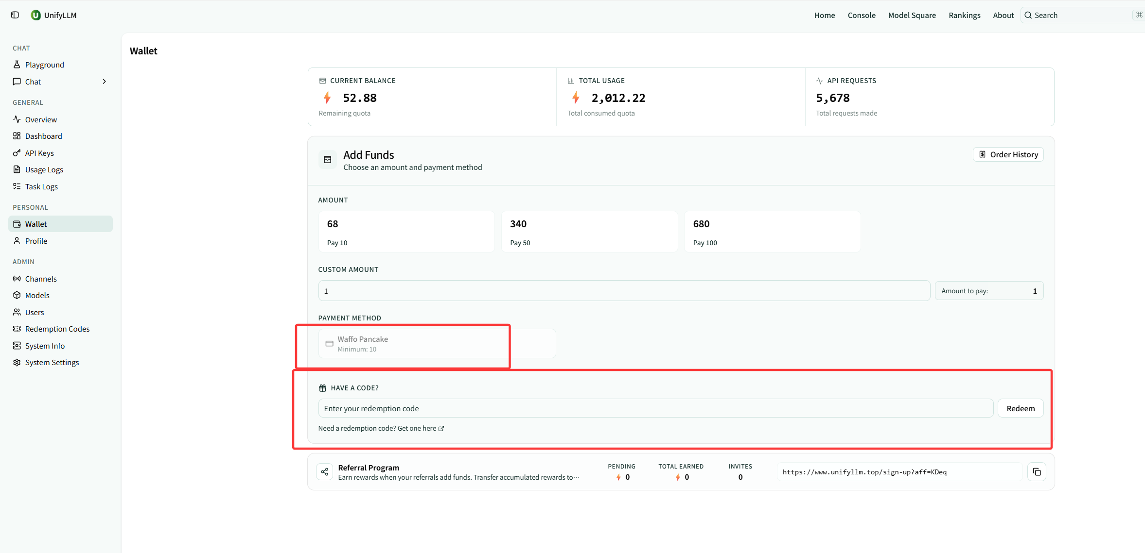 UnifyLLM Wallet showing Waffo Pancake and redemption code funding options