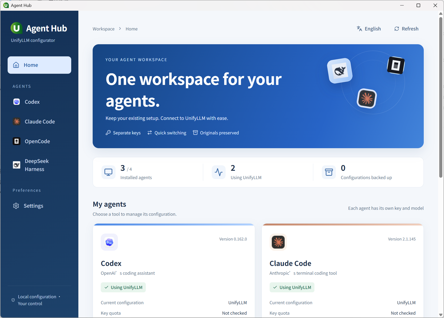 UnifyLLM Desktop English interface showing the local Agent workspace, tool configurations, and usage status.